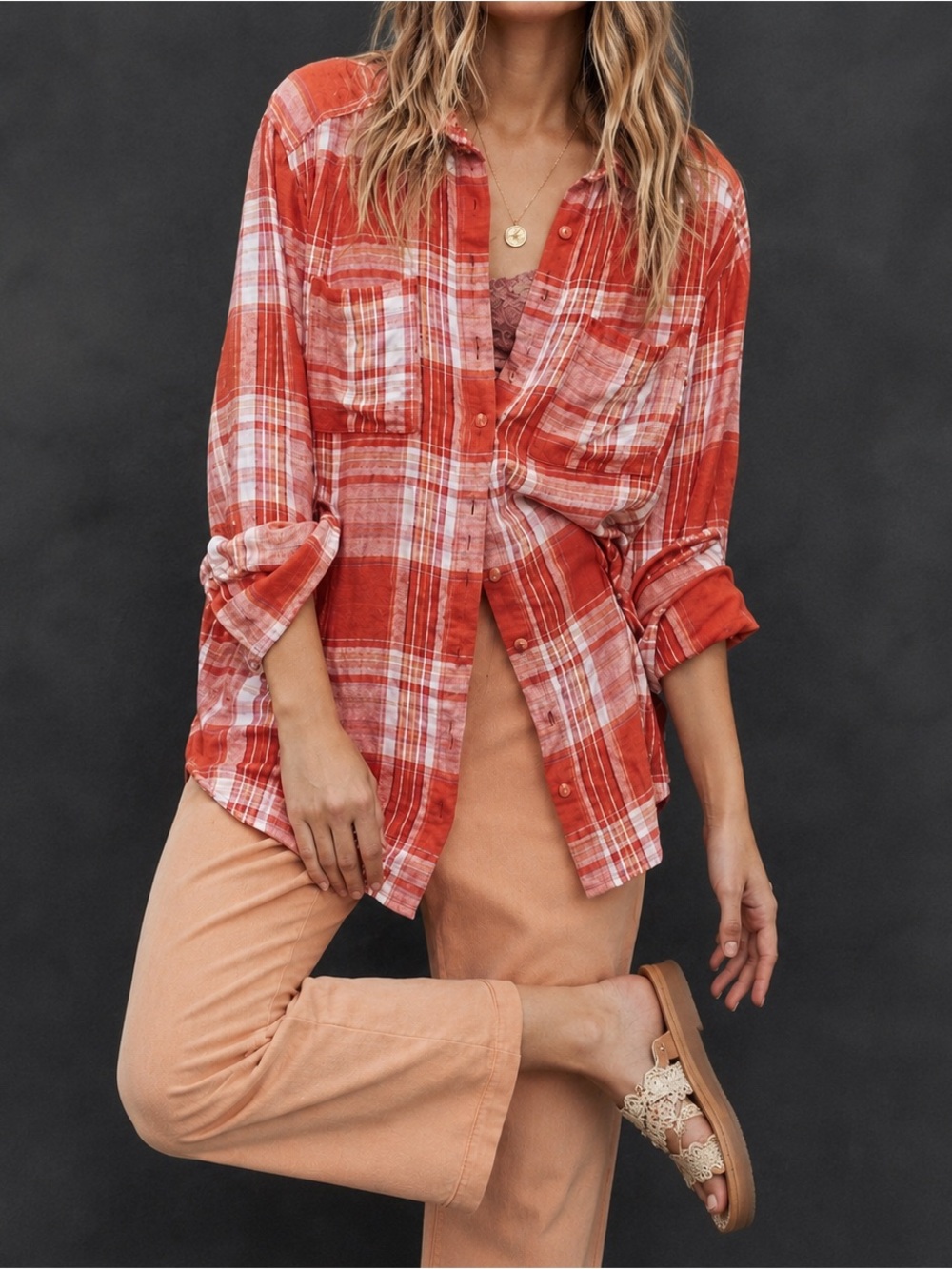 Pilcro Women Hadley Plaid Relaxed Oversized Casual Orange Red Button Up Shirt XS
